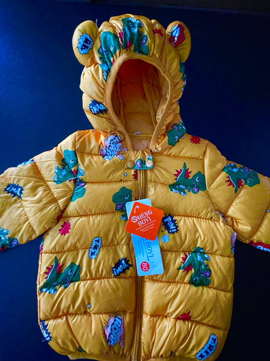 18M Boys Puffer Jacket, Yellow, T-Rex