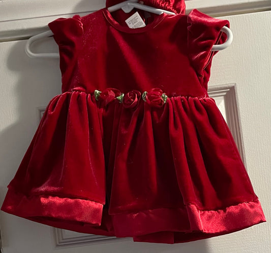 Velour Christmas Dress, Red, Girl 0-3 Months