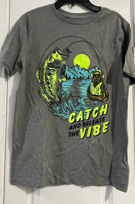 XL Boys T-Shirt, Grey, Fishing Bear