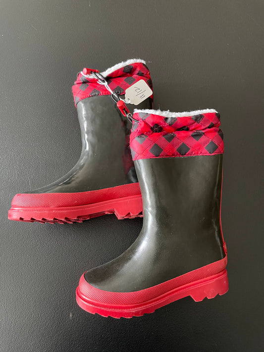 11/12 Boys Lined Rain Boots, Black w/Red