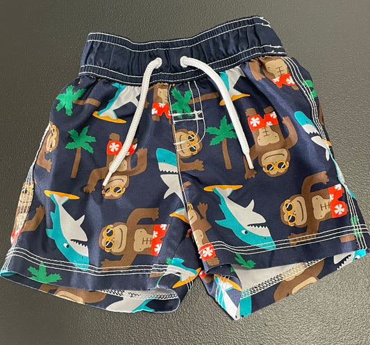 6-12m Boys Swim Trunks, Navy, Apes & Sharks
