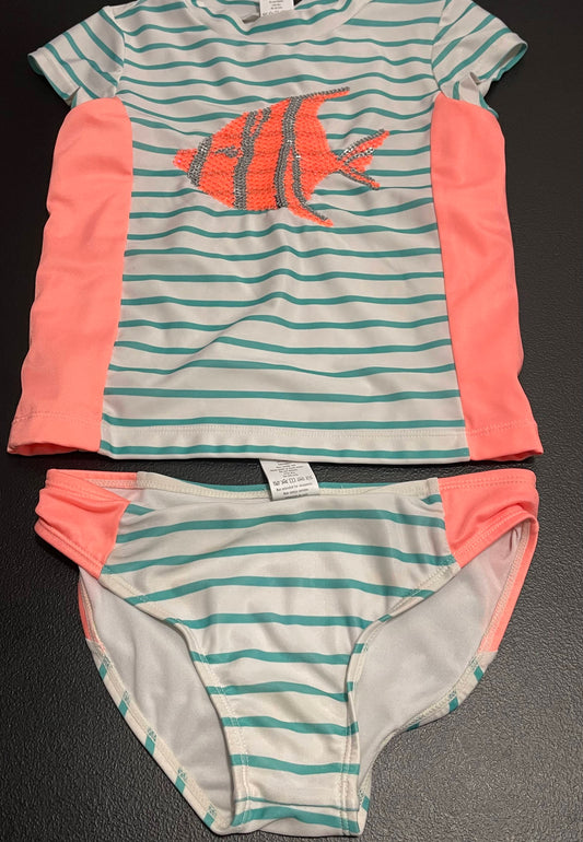 S Girls 2pc Swimsuit, Teal & White Striped, Sequin Fish