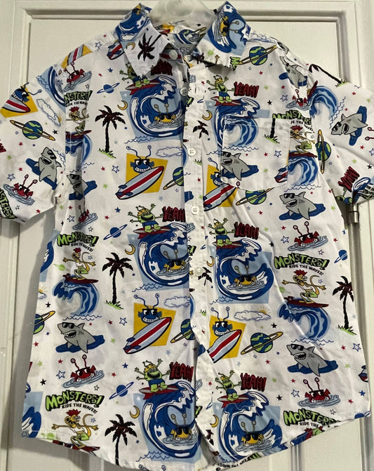 10 Boys Button Up Tee, White, Surfing Monsters