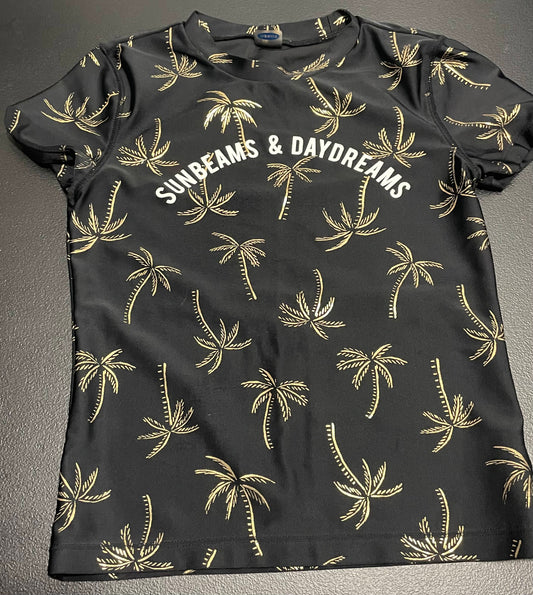 M Girls Rash Guard, Black, Gold Palm Trees