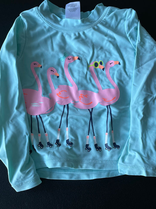 3T Girls Rash Guard, Lt Blue, Flamingos