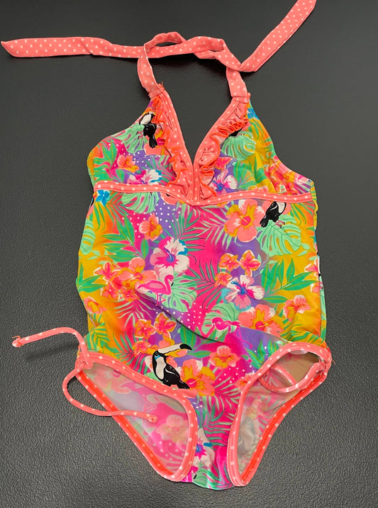 7/8 Girls Swimsuit, Neon Multi Color Hawaiian Print