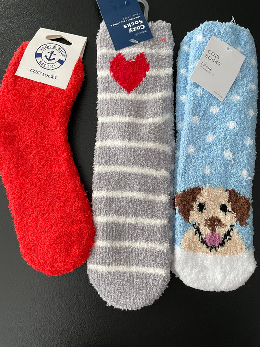 9-11 Womens Cozy Socks 3pk, Blue w/Puppy, Red, Gray/White Striped