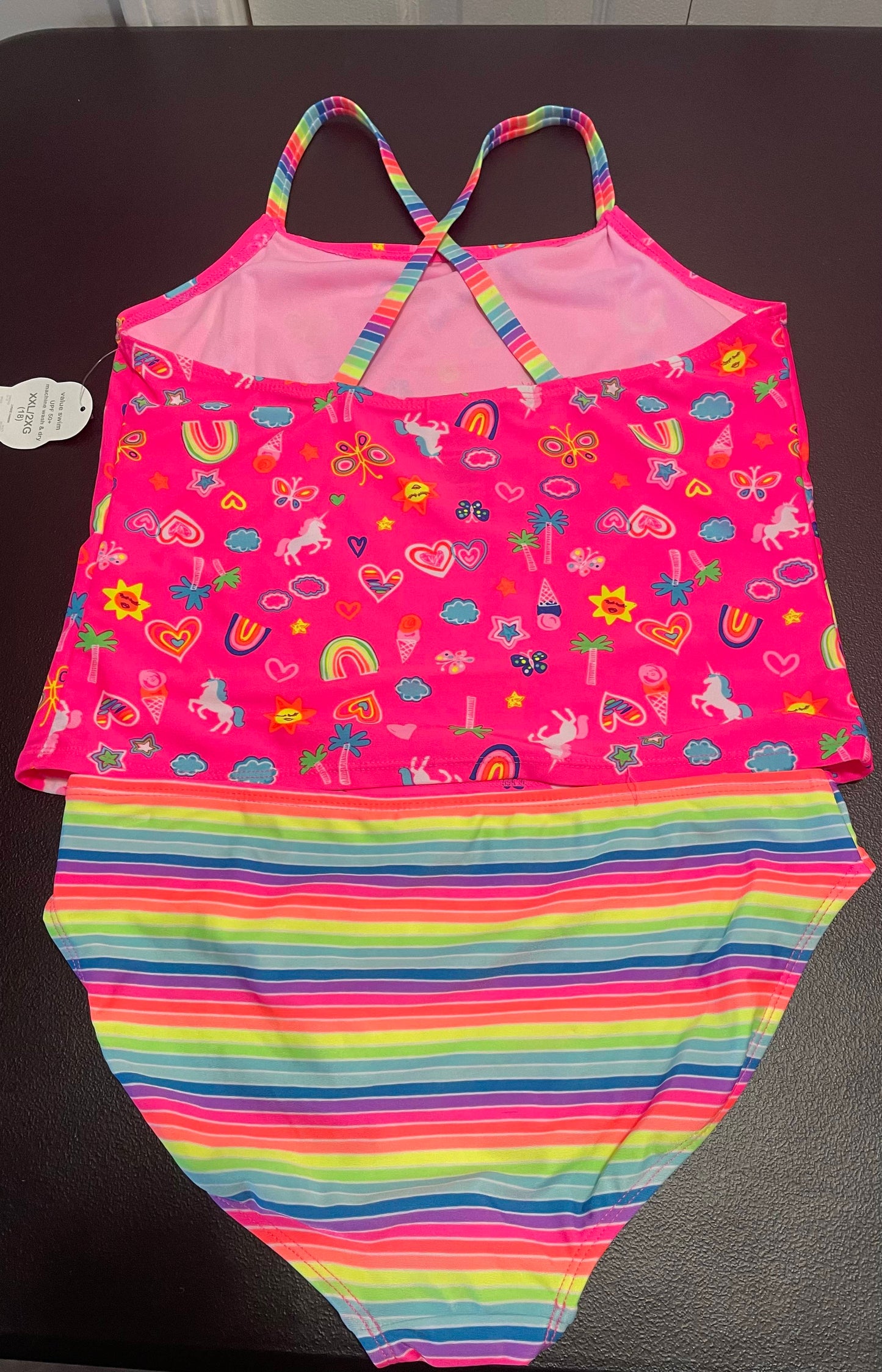 2XL (18) Girls Tankini, Hot Pink, Rainbows & Unicorns