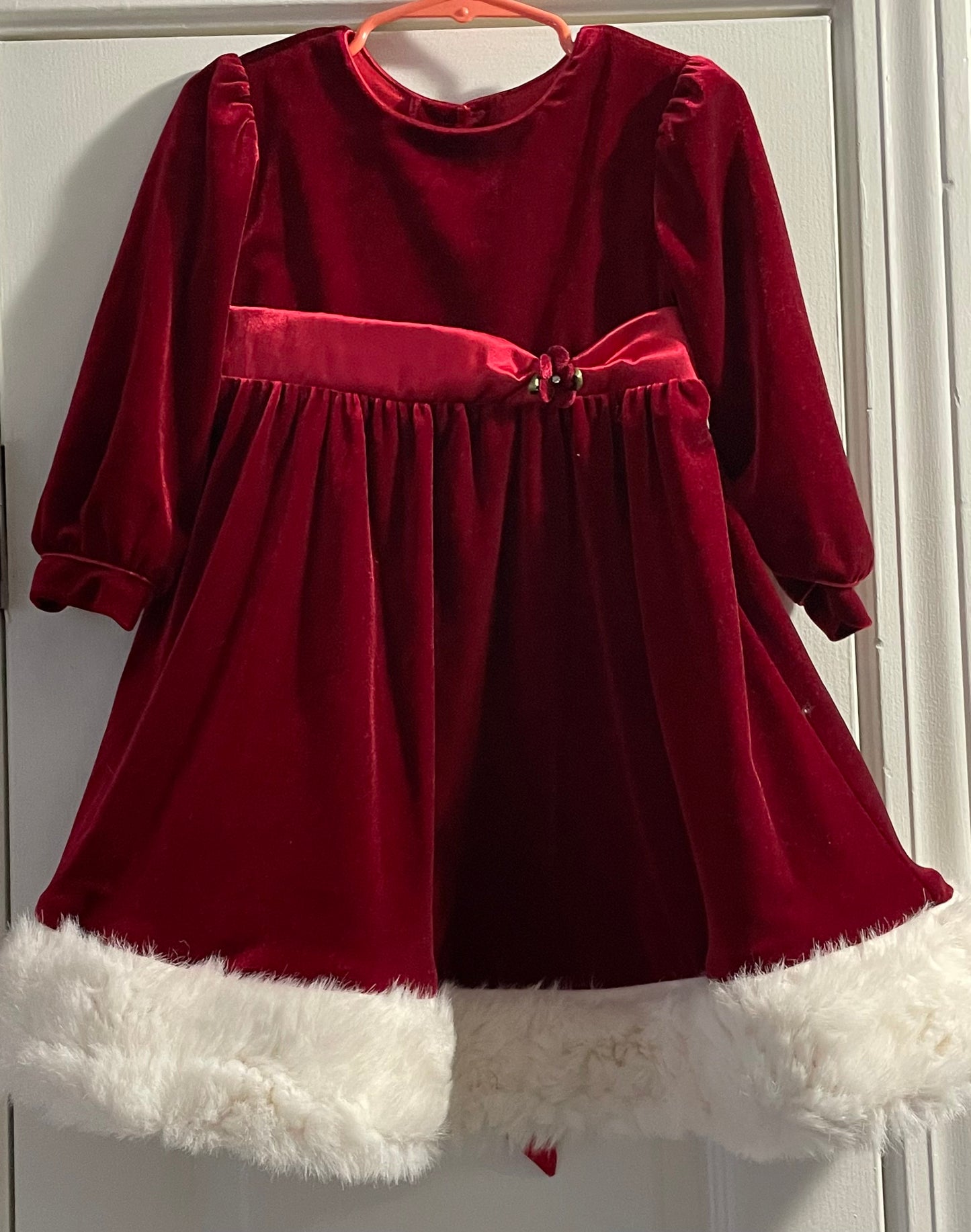 2T Girls Christmas Dress, Red Velour w/Faux Fur Trim