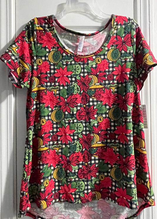 L Womens T-Shirt, Black Plaid w/Poinsettia