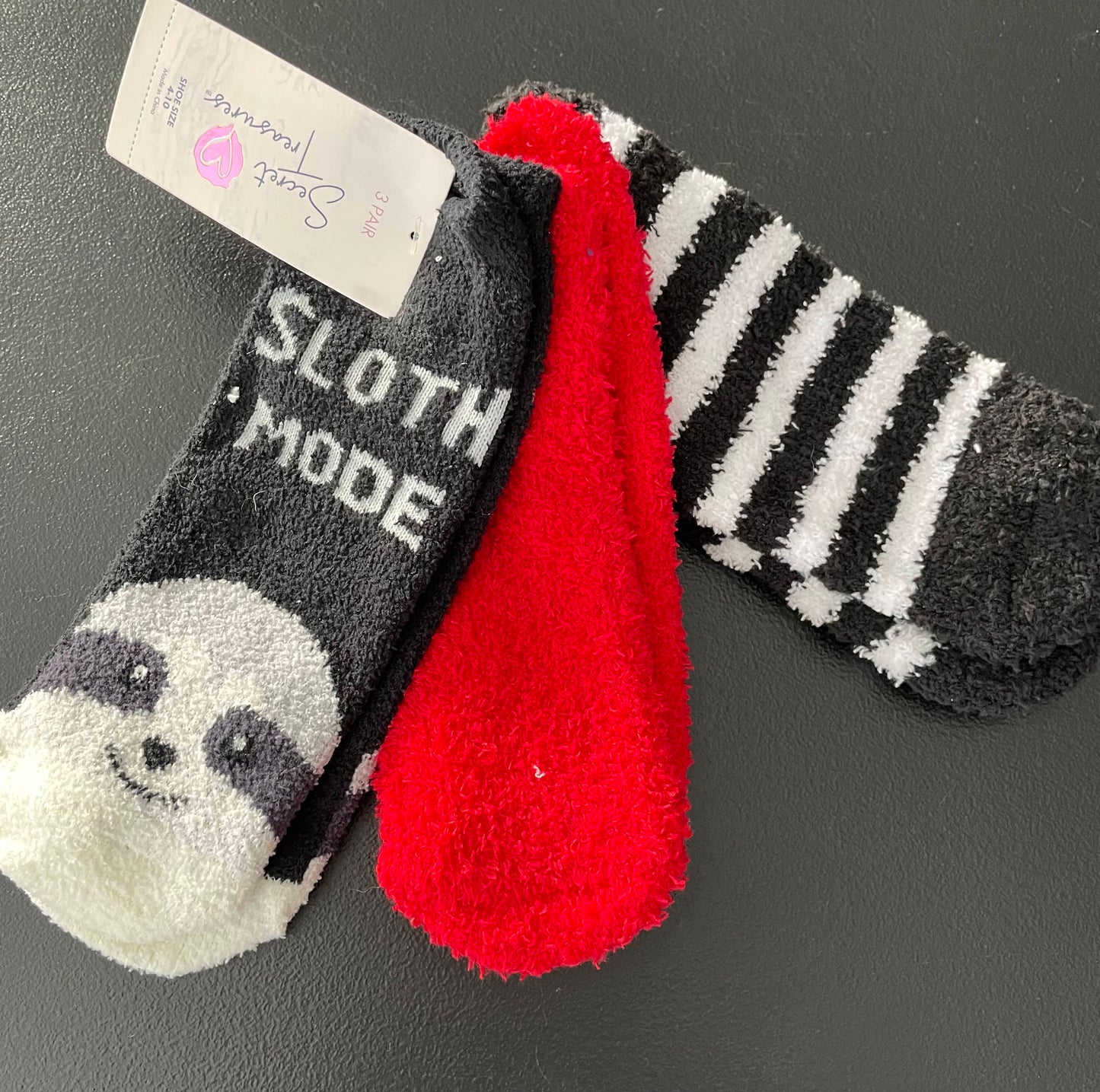 9-11 Womens Cozy Socks 3pk, Black w/Sloth, Red, Black/White Striped