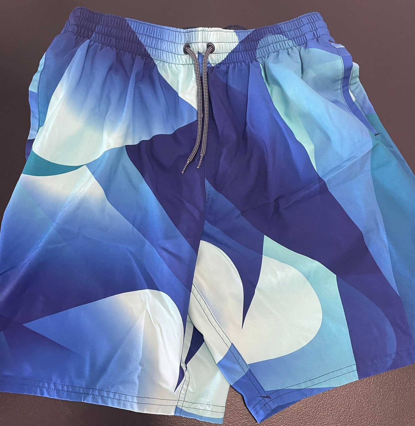 L Mens Swim Trunks, Blue Geometric