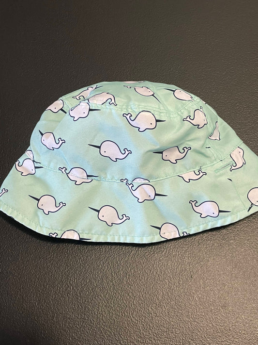 6-12m Girls Bucket Hat, Aqua w/Narwhals