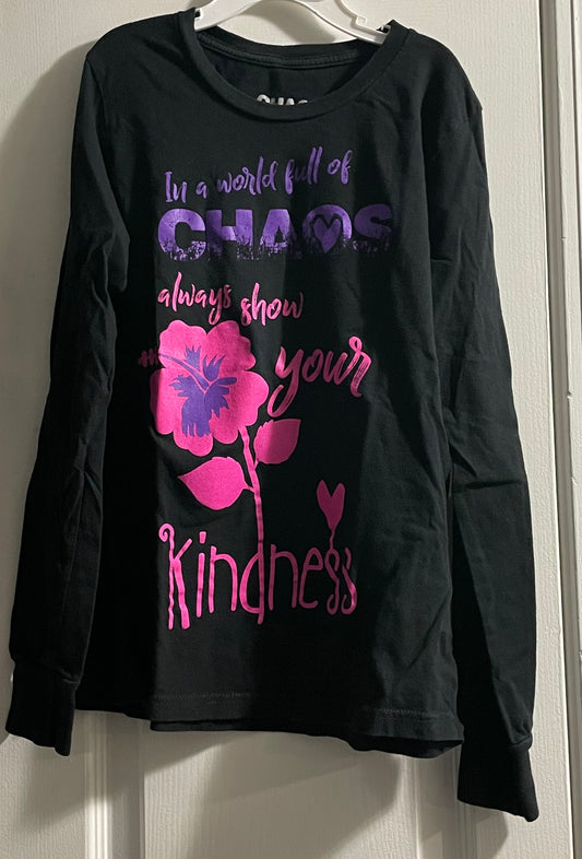7 Youth Girls Long Sleeve Shirt, Black, Chaos & Kindness
