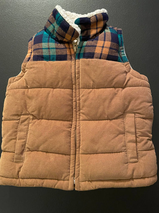 12-18M Boys Puffer Vest, Brown & Plaid