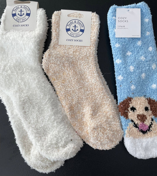 9-11 Womens Cozy Socks 3pk, Blue w/Puppy, White, Oatmeal