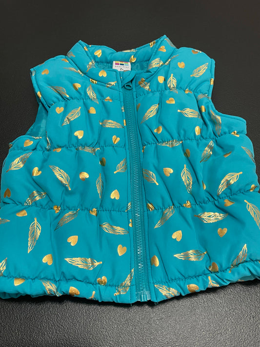 2T Girls Puffer Vest, blue with gold feathers