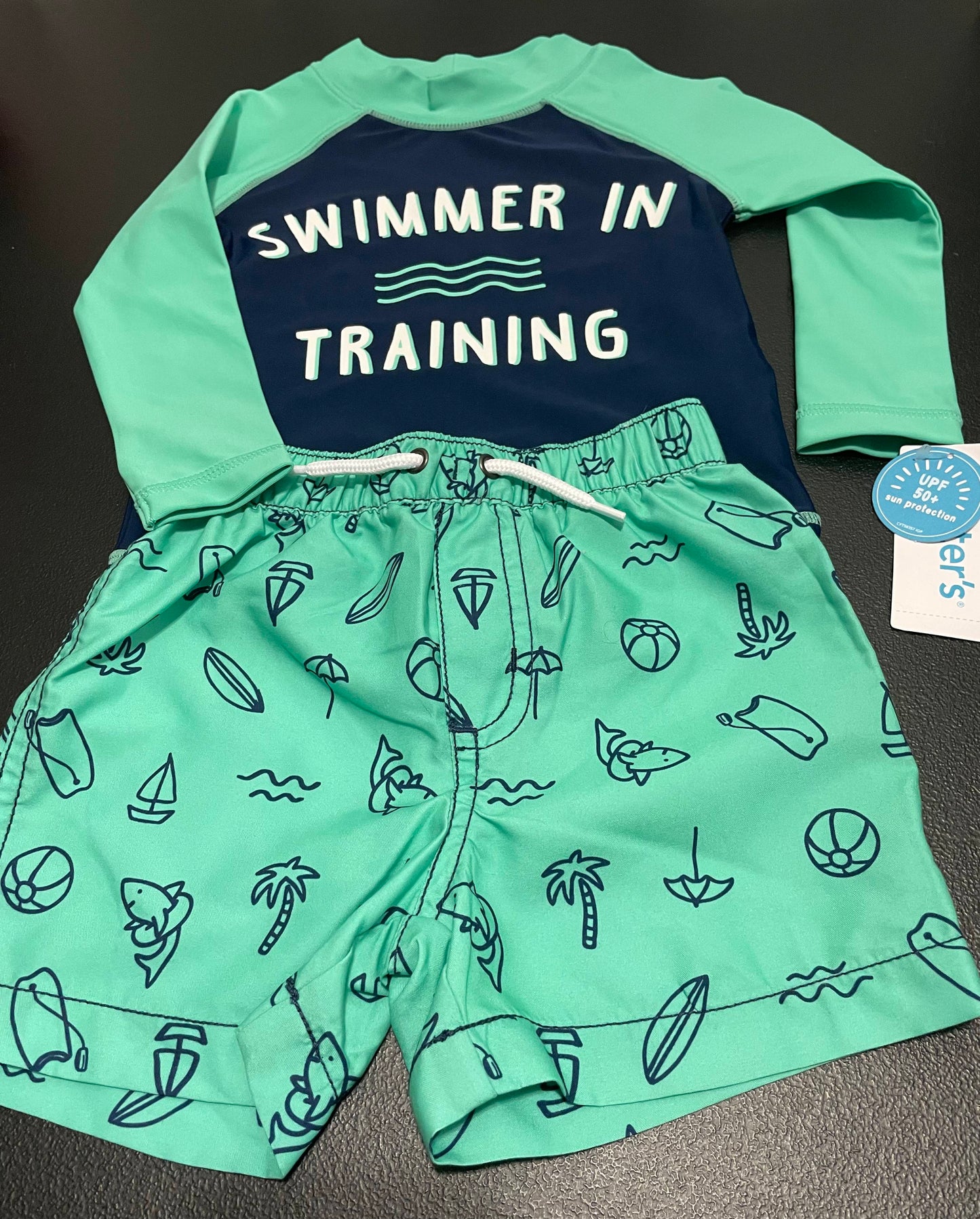 12M Boys 2pc Swim Set, Green/Navy, Swimmer in Training