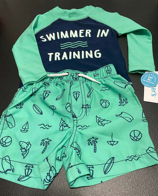 12M Boys 2pc Swim Set, Green/Navy, Swimmer in Training