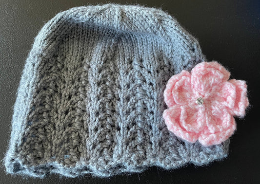 Teen Girls/Womens Knit Hat, Grey w/Pink Flower