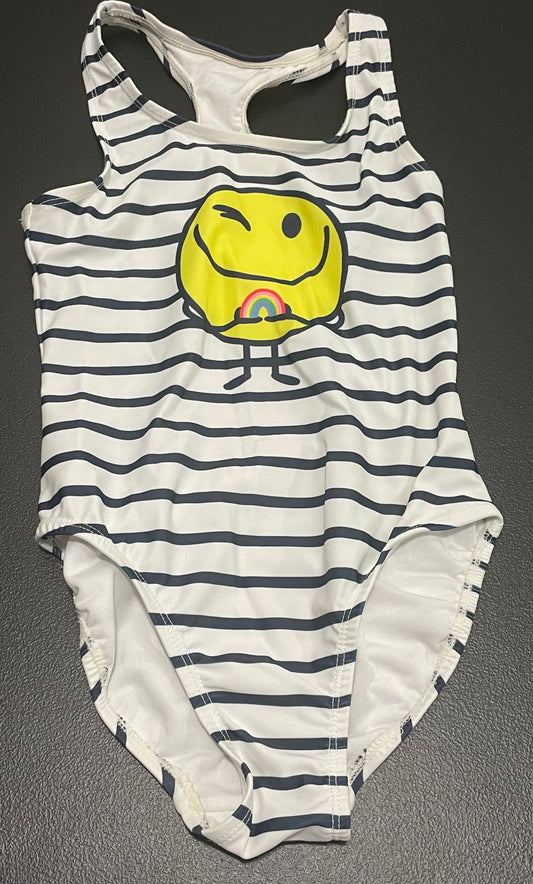 S Girls Swimsuit, White/Navy Striped, Emoji