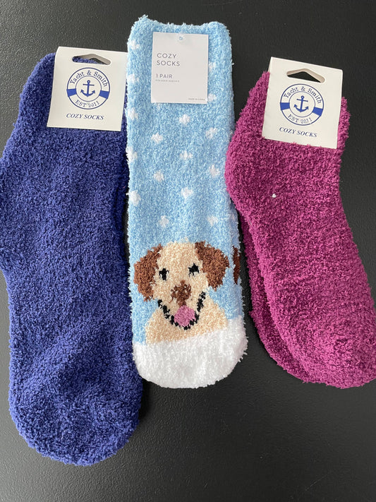 9-11 Womens Cozy Socks 3pk, Blue w/Puppy, Grape, Violet