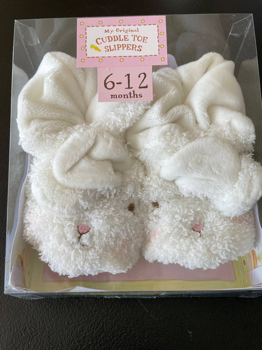 6-12M Girls Slippers, White, Bunnies