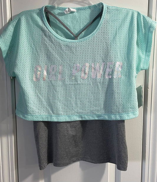 XL Girls Crop Top, Aqua & Grey