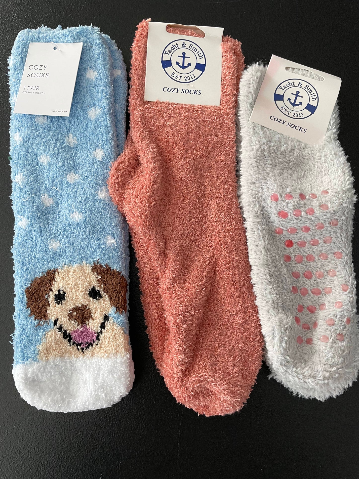 9-11 Womens Cozy Socks 3pk, Blue w/Puppy, Gray, Dusty Rose