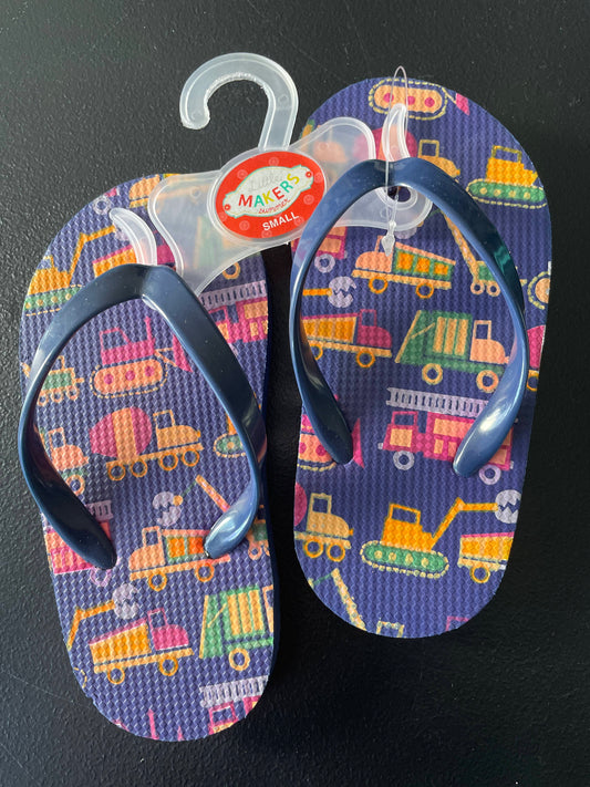 S (6.5) Toddler Boys Flip Flops, Blue, Construction Vehicles