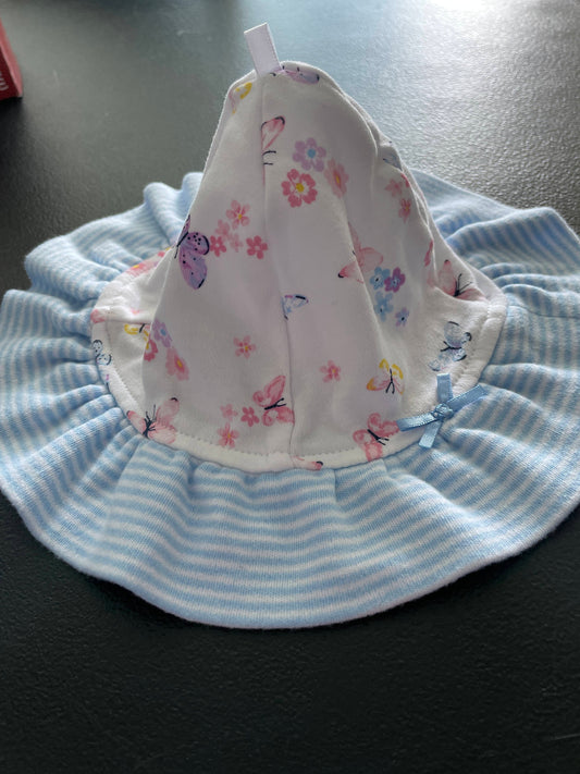 6M Infant Girls Bucket Hat, White & Blue, Butterflies