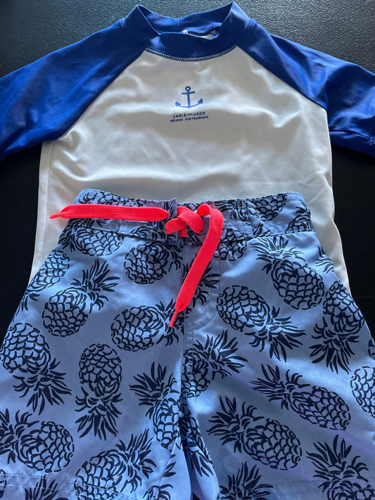 6-12M Boys Swim Set, White & Blue, Pineapple