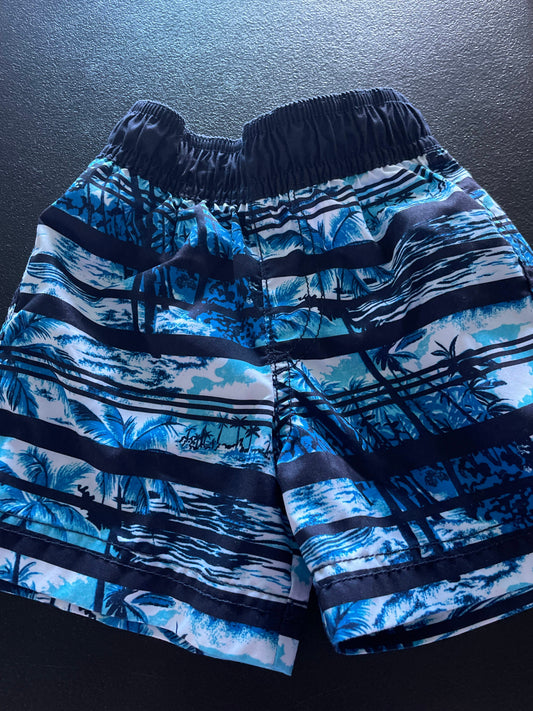 9-12M Boys Swim Trunks, Navy & White Striped, Palm Trees