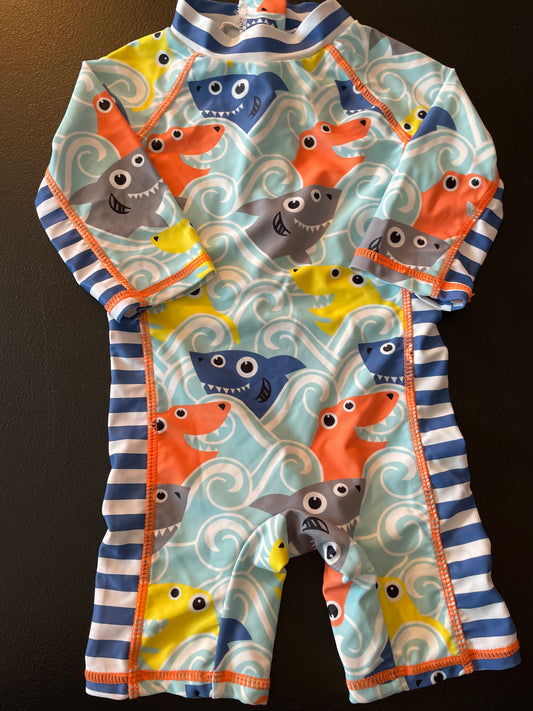 6M Boys Rash Guard Swimsuit, Blue, Sharks