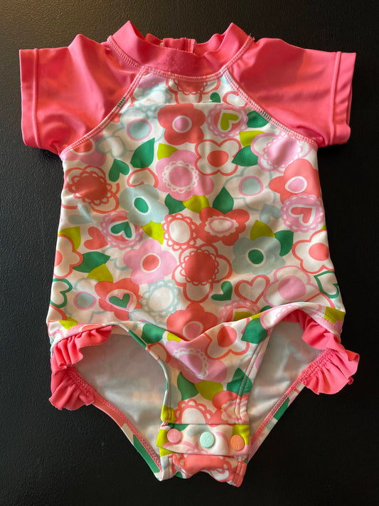 24M Girls Rash Guard Swimsuit, Dark Pink, Flowers & Hearts