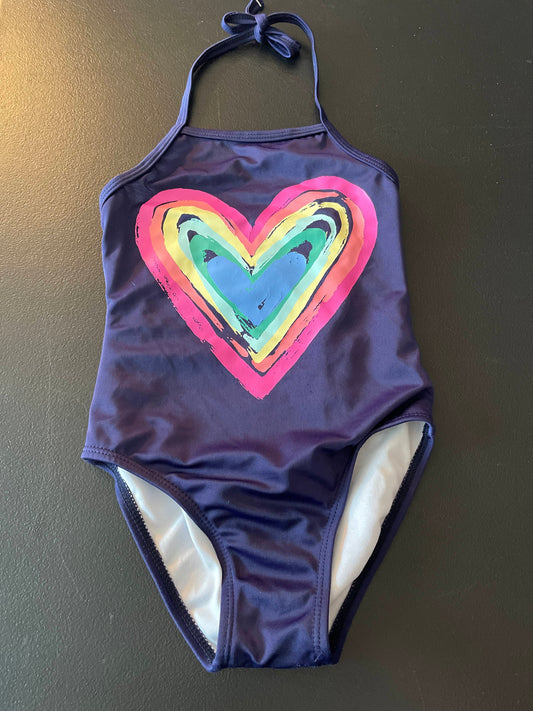 4 Girls Swimsuit, Navy, Multicolored Heart