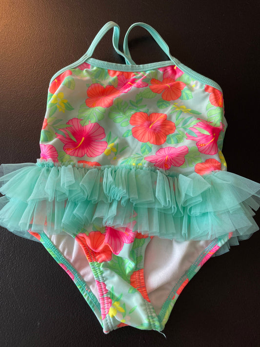 2T Girls Swimsuit, Light Green, Hawaiian Floral