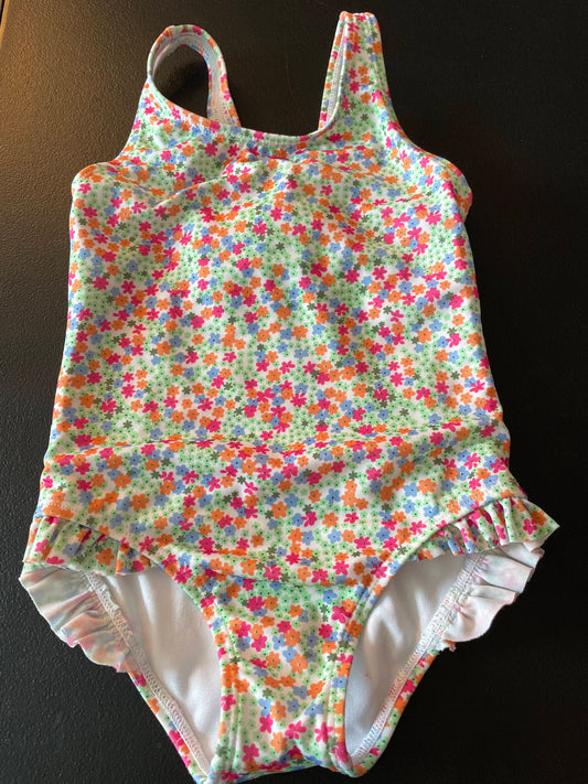 4T Girls Bathing Suit, White, Multicolored Flowers