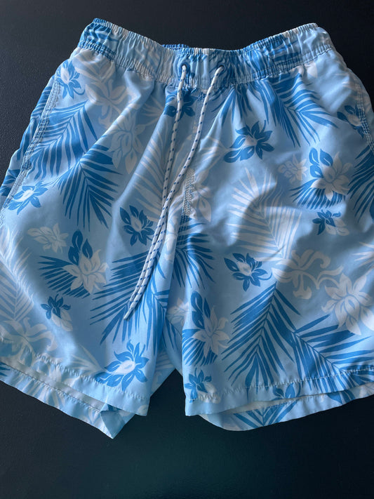 S Mens Swim Trunks, Blue & White, Hawaiian Print