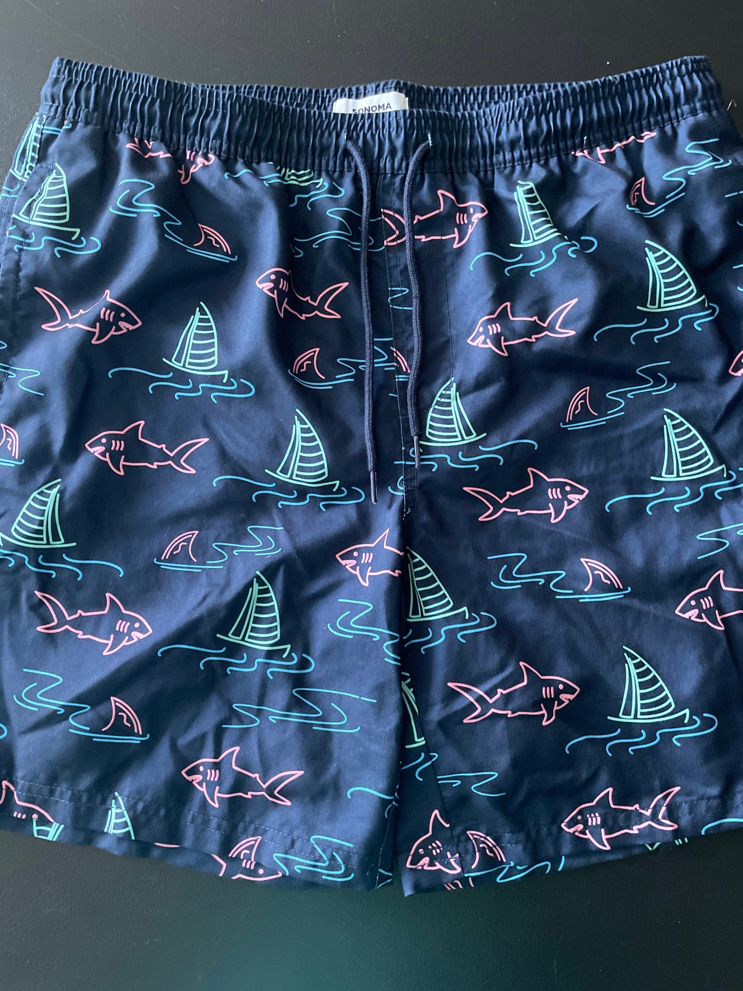 L Mens Swim Trunks, Navy, Boats & Sharks