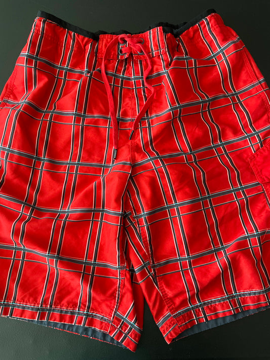 M Mens Swim Trunks, Red Plaid