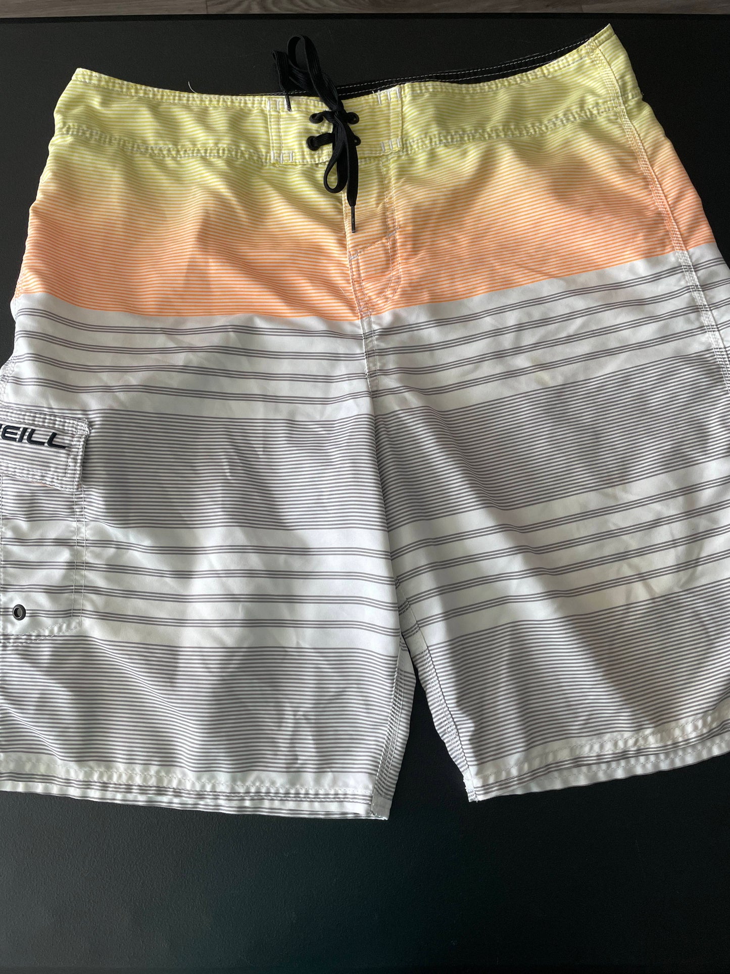 36 Mens Board Shorts, White, Yellow & Orange Striped