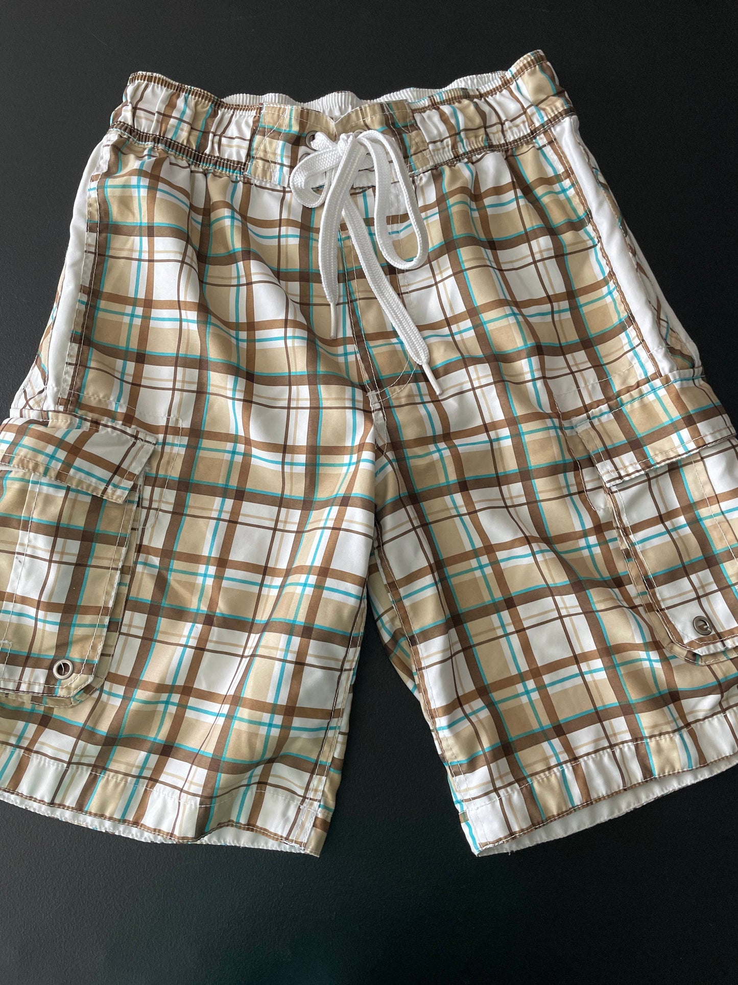 S Mens Swim Trunks, Brown Plaid