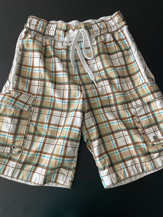 S Mens Swim Trunks, Brown Plaid