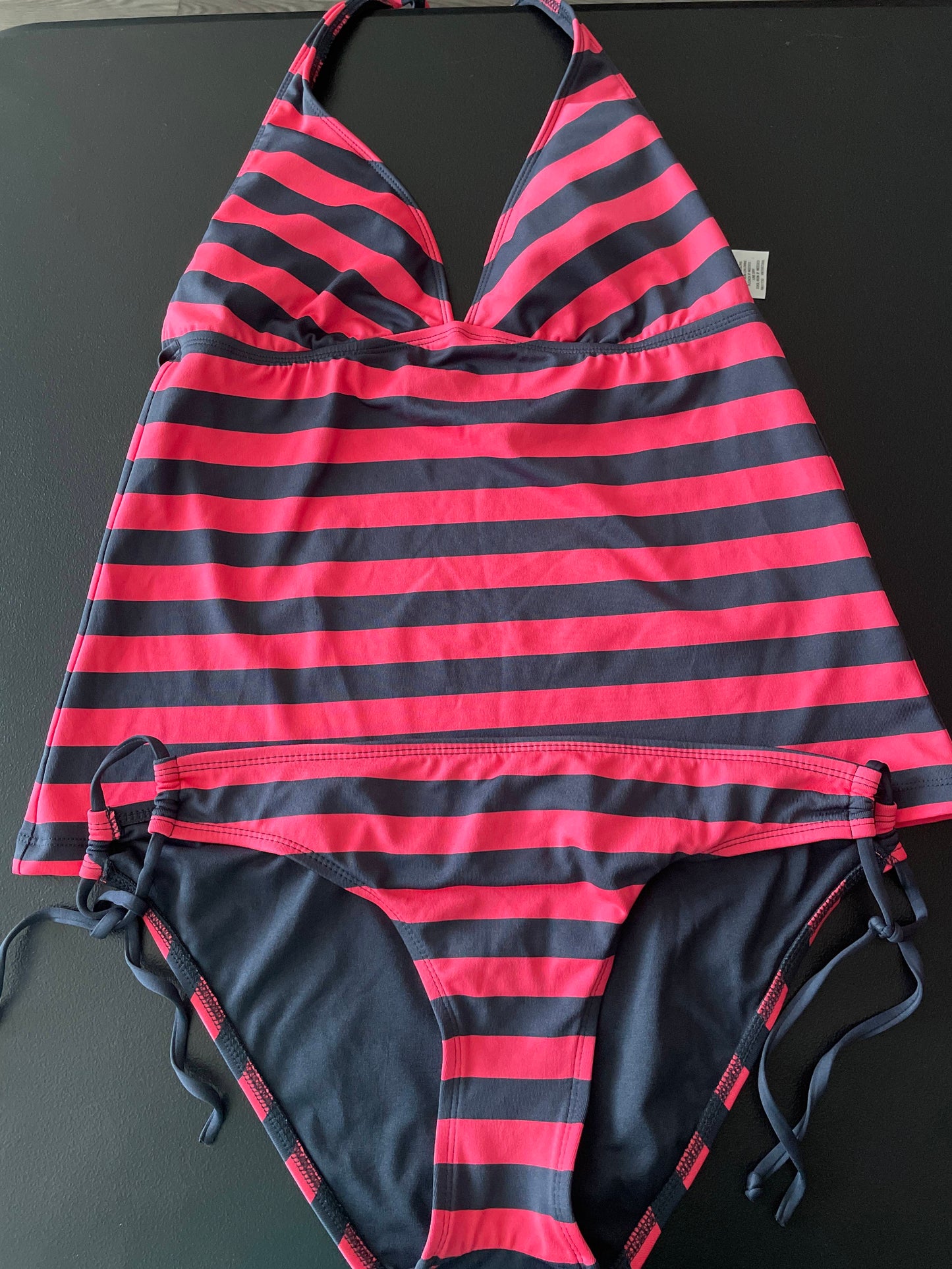 L Womens Tankini, Pink & Charcoal Striped