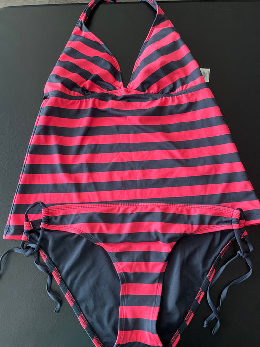 L Womens Tankini, Pink & Charcoal Striped