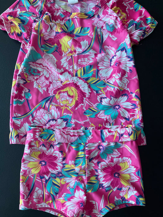 5 Girls Rash Guard Swimsuit, Pink, Hawaiian Floral