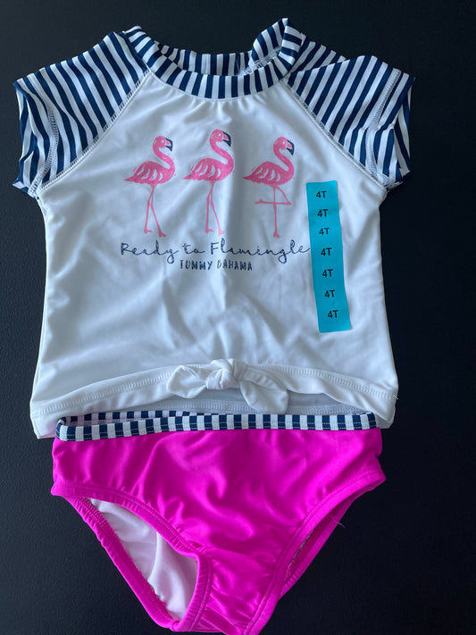 4T Girls 2pc Bathing Suit, White & Magenta, Flamingo