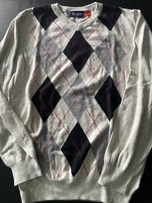 L Boys Sweater, Pale Gray, Argyle