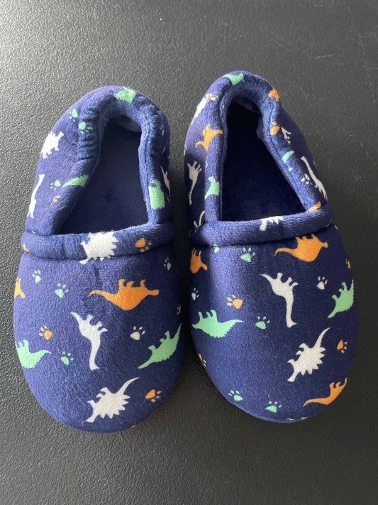 9/10 Toddler Boys Fleece Slippers, Navy, Dino Pattern